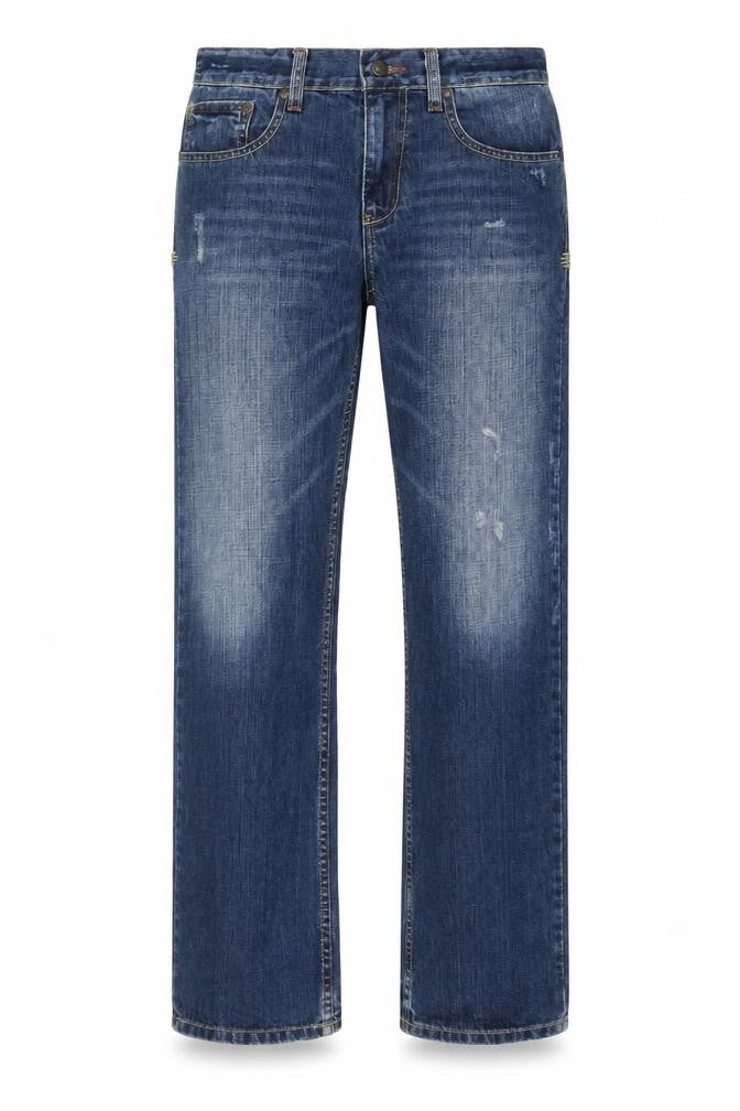 Front view of Johnnie men’s blue cotton straight jeans, size 30, in, 30-inch leg regular button