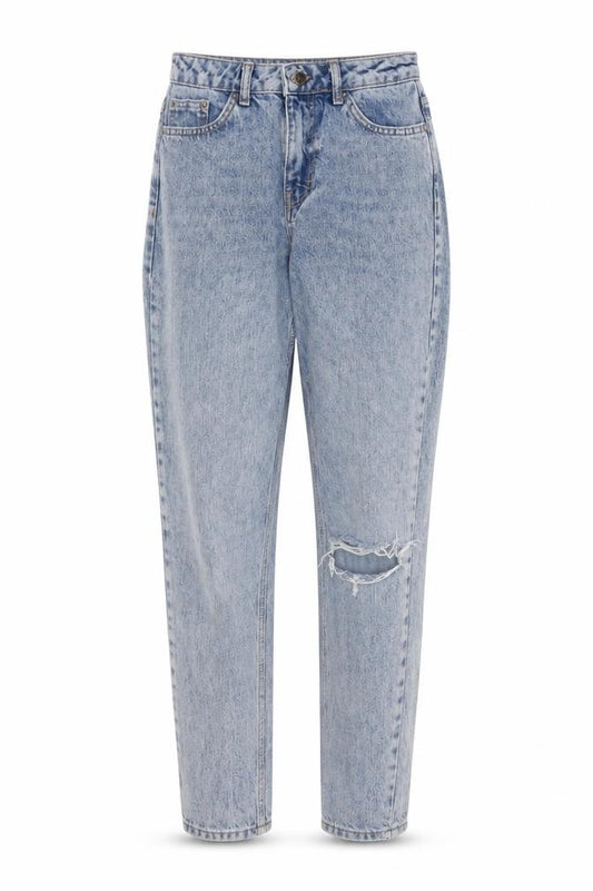Front view of Topshop women’s blue cotton mom jeans, size UK 26, in, 29-inch leg regular button