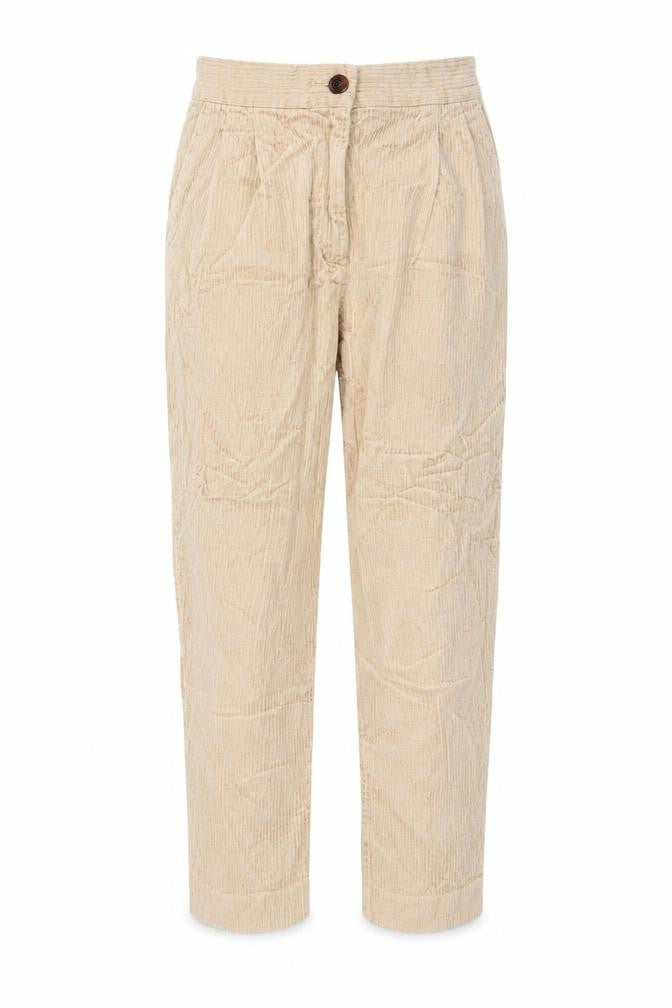 Front view of H&M women’s beige cotton chino trousers, size UK 10, 25-inch leg regular button