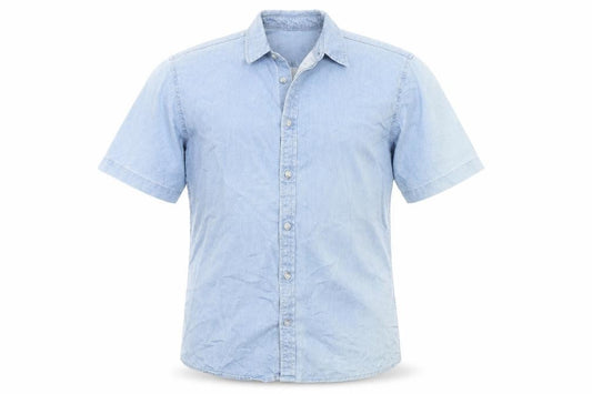 Front view of Topman men’s blue cotton button-up, size M, collared button