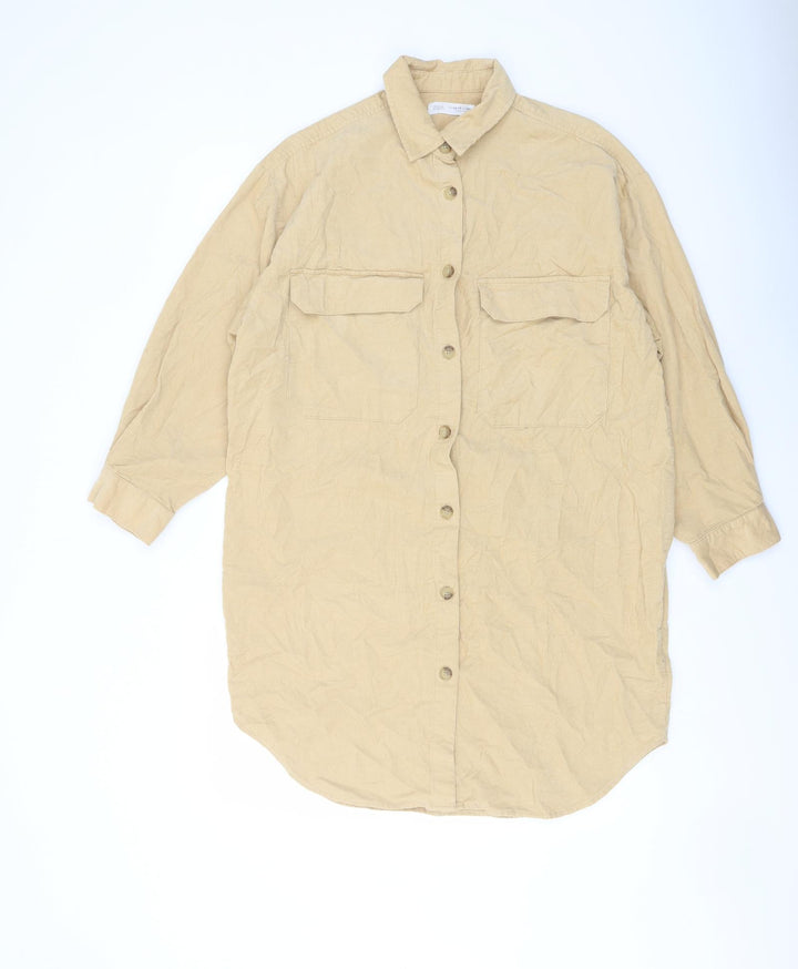 Zara Girls Beige Cotton Tunic Button-Up Size 13-14 Years Collared Button