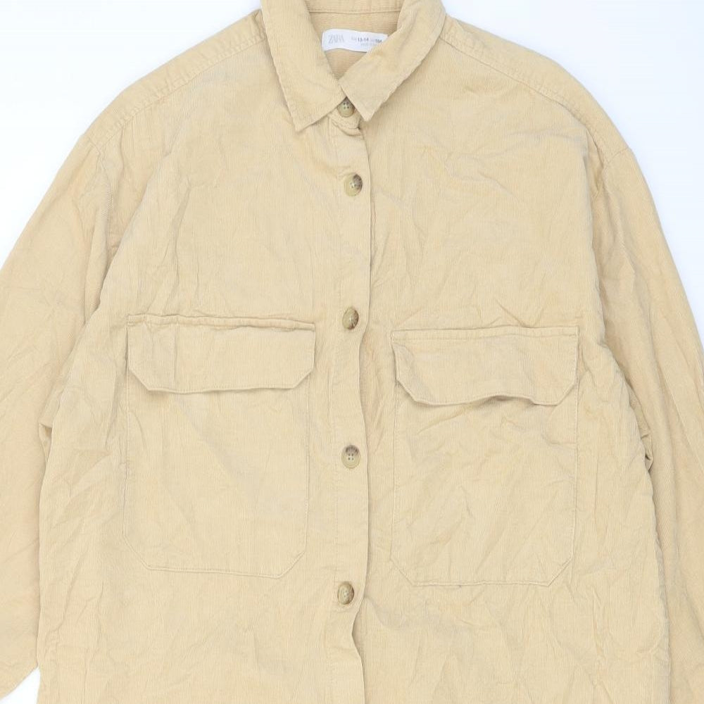 Zara Girls Beige Cotton Tunic Button-Up Size 13-14 Years Collared Button