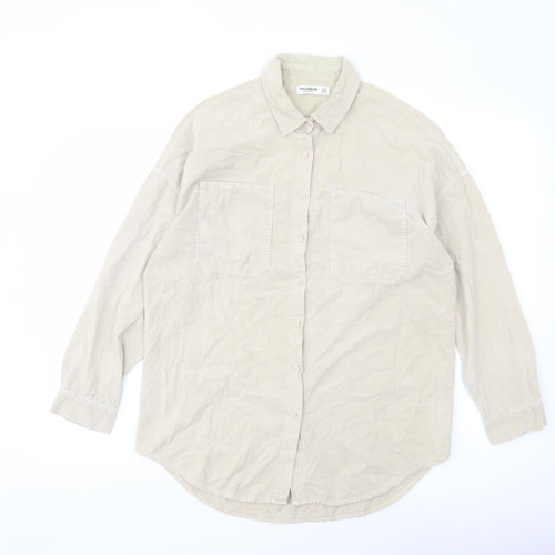 Pull&Bear Womens Beige Cotton Basic Button-Up Size S Collared