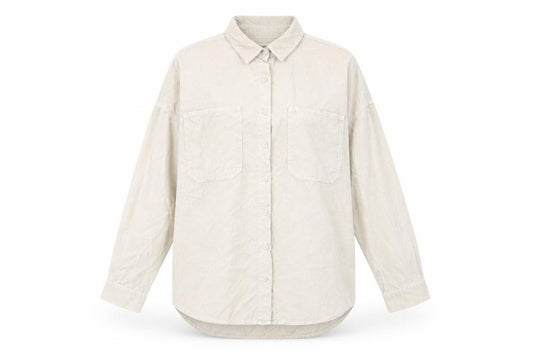 Front view of Pull&Bear women’s beige cotton basic button-up, size S, collared