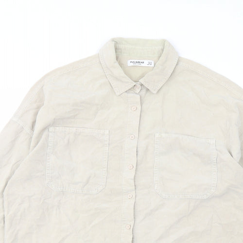 Pull&Bear Womens Beige Cotton Basic Button-Up Size S Collared