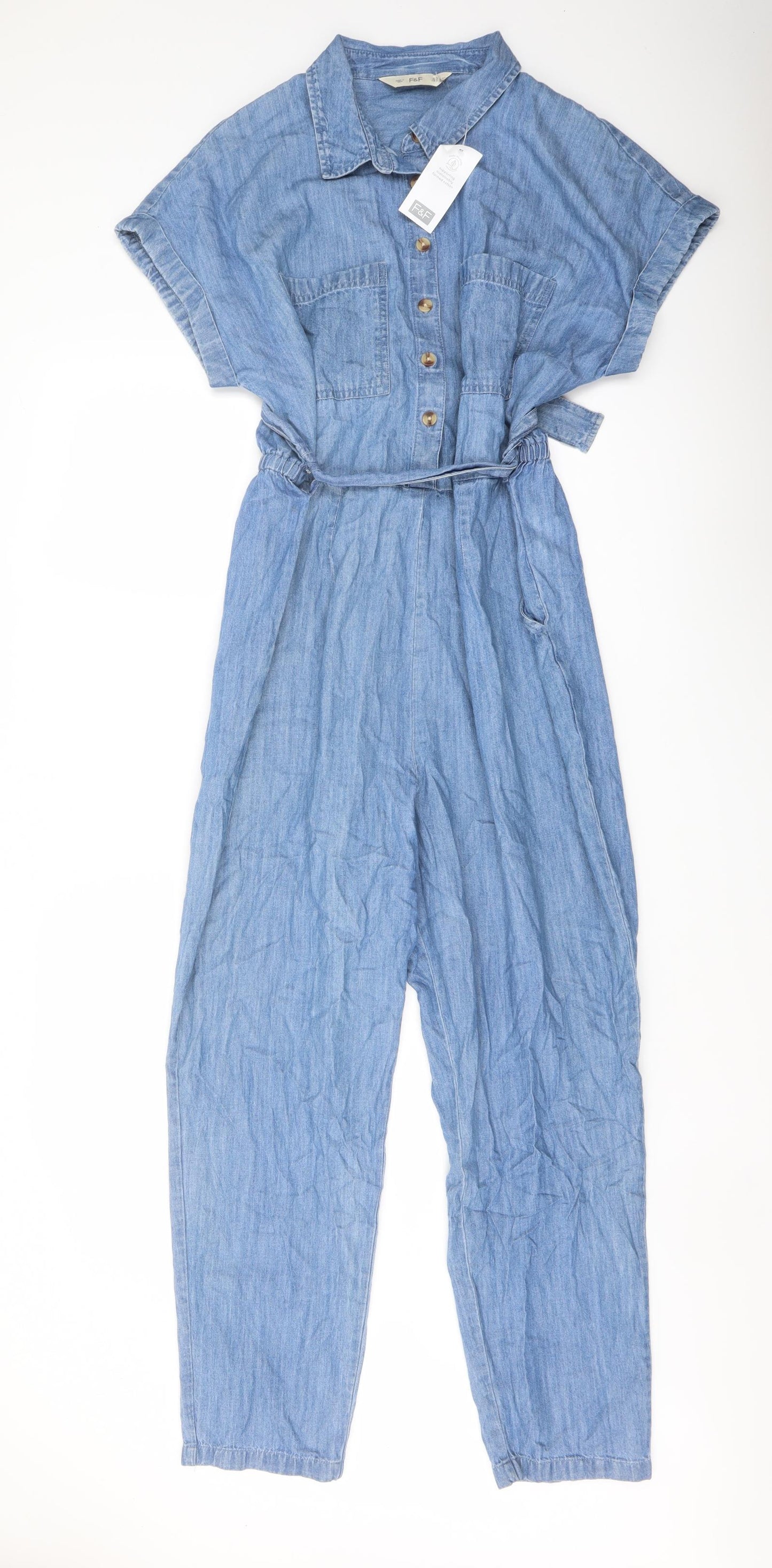 F&F Womens Blue Cotton Jumpsuit One-Piece Size 16 Button