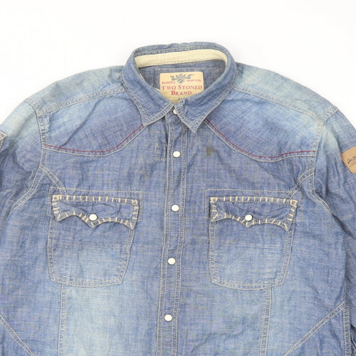 Two Stoned Mens Blue Cotton Button-Up Size M Collared Snap