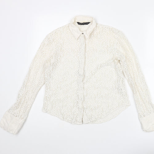 Zara Womens Ivory Cotton Basic Blouse Size S Collared