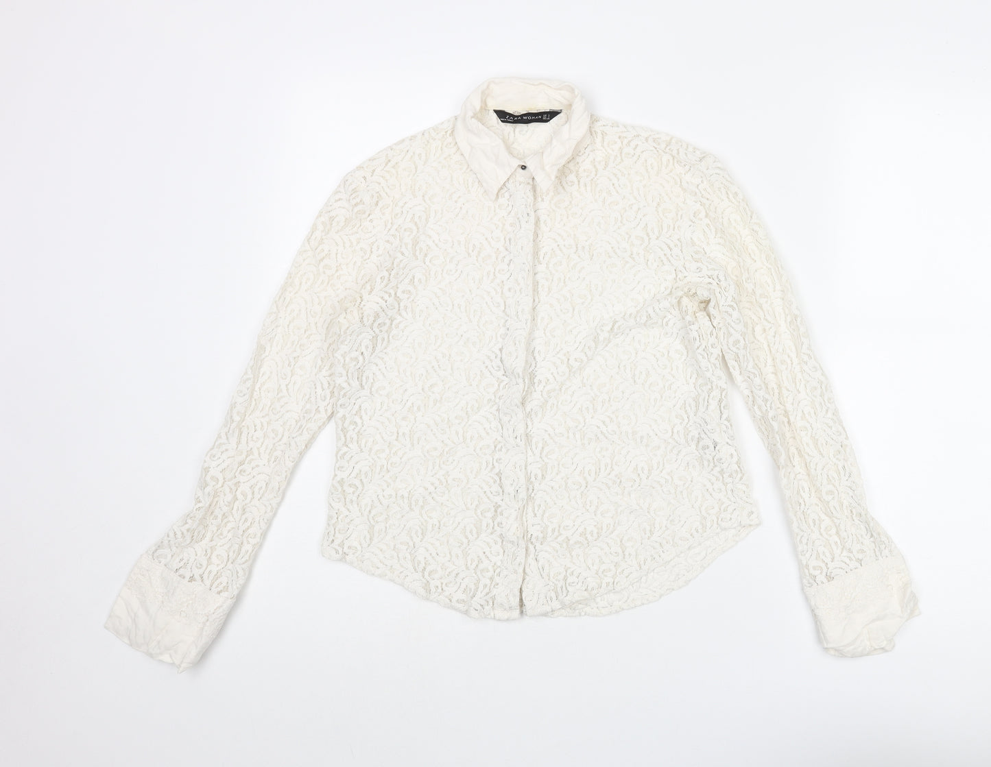Zara Womens Ivory Cotton Basic Blouse Size S Collared