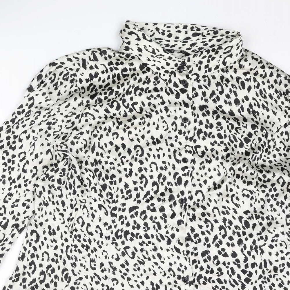 Zara Womens Ivory Animal Print Polyester Shirt Dress Size XL Collared Button - Cheetah Print