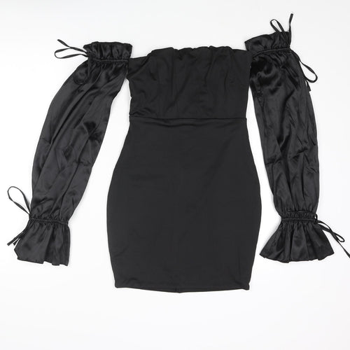 Luxedo Womens Black Polyester Bodycon Size XS Off the Shoulder Zip - Satin Sleeve Rouched Bow