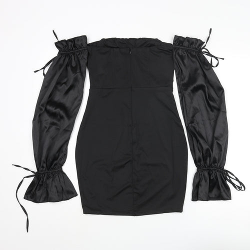 Luxedo Womens Black Polyester Bodycon Size XS Off the Shoulder Zip - Satin Sleeve Rouched Bow