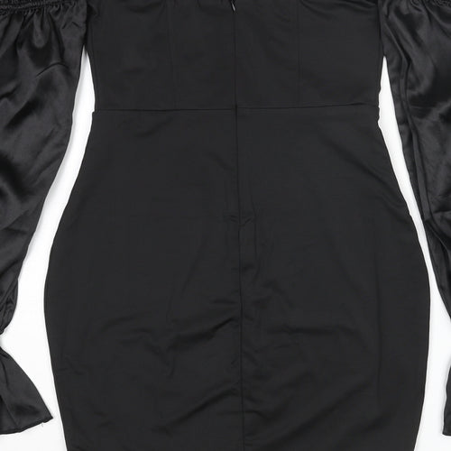 Luxedo Womens Black Polyester Bodycon Size XS Off the Shoulder Zip - Satin Sleeve Rouched Bow