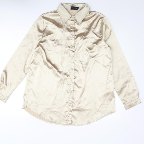 PRETTYLITTLETHING Womens Gold Polyester Basic Button-Up Size S Collared