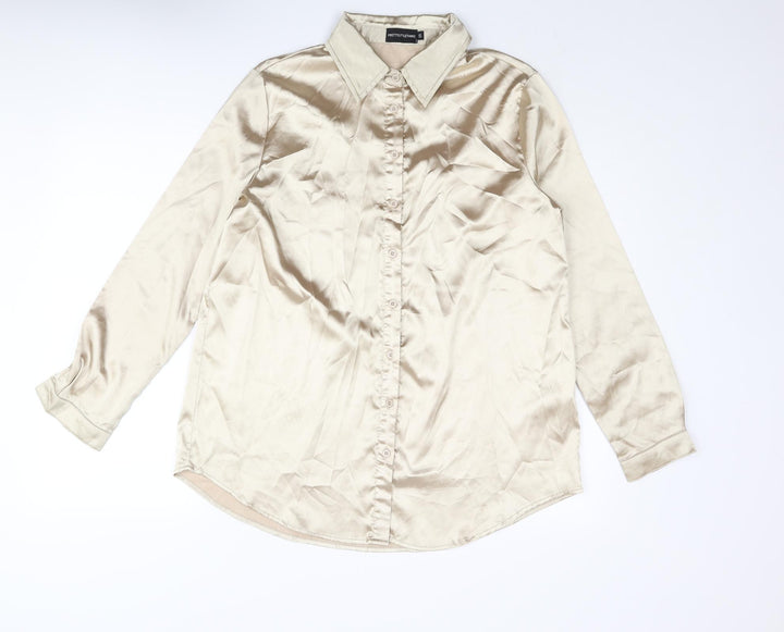 PRETTYLITTLETHING Womens Gold Polyester Basic Button-Up Size S Collared