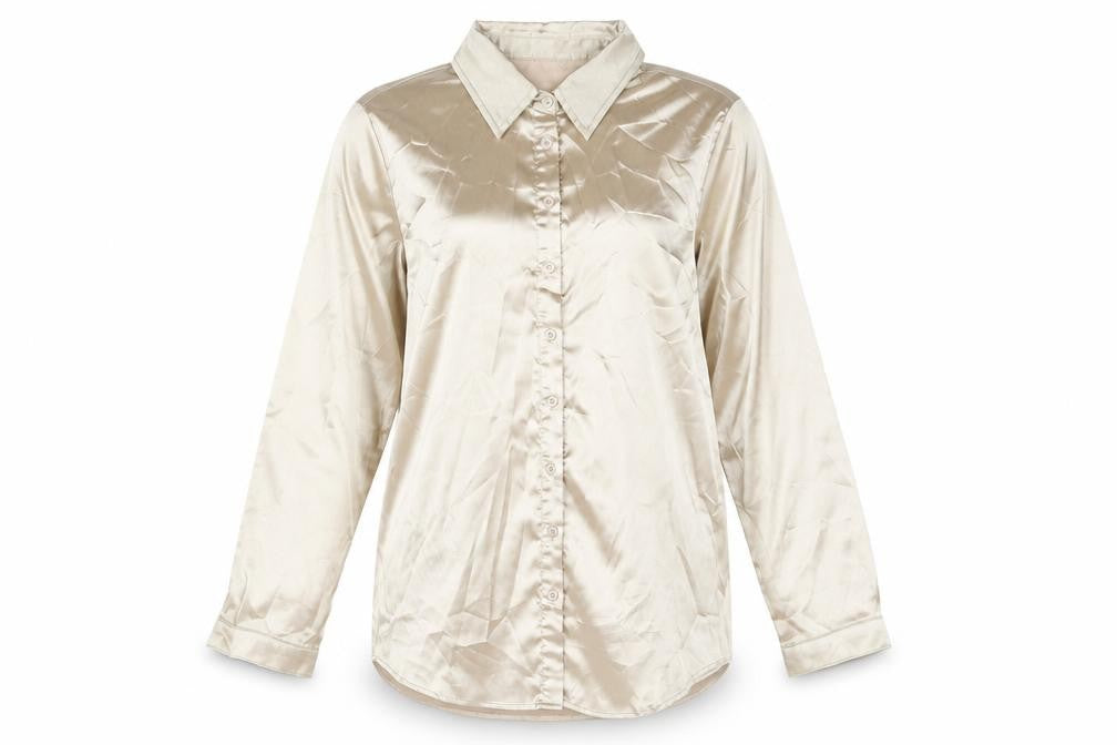 Front view of PRETTYLITTLETHING women’s gold polyester basic button-up, size S, collared