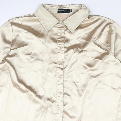 PRETTYLITTLETHING Womens Gold Polyester Basic Button-Up Size S Collared