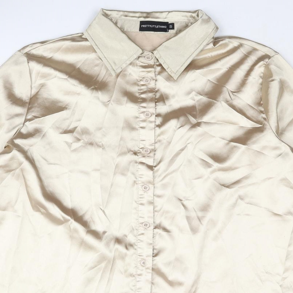 PRETTYLITTLETHING Womens Gold Polyester Basic Button-Up Size S Collared