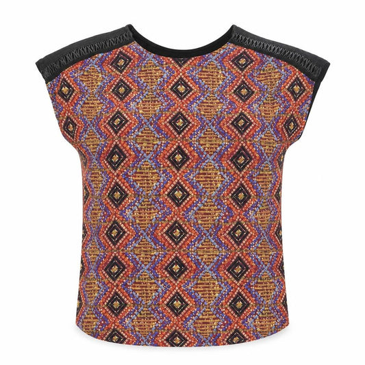 Front view of Indigo women’s multicoloured polyester basic blouse, size UK 10, round neck - geometric front print