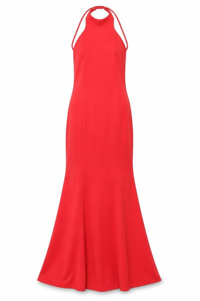 Front view of City Goddess women’s red polyester mermaid, size M, halter pullover - bow open back train