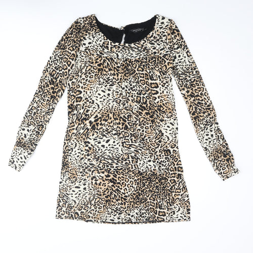 Dorothy Perkins Womens Beige Animal Print Viscose Mini Size 10 Round Neck Button - Leopard Print