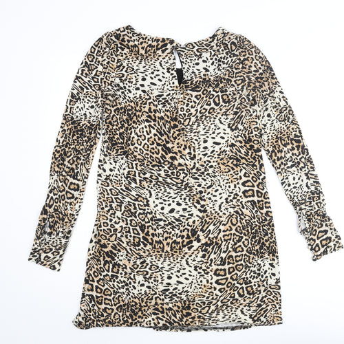 Dorothy Perkins Womens Beige Animal Print Viscose Mini Size 10 Round Neck Button - Leopard Print
