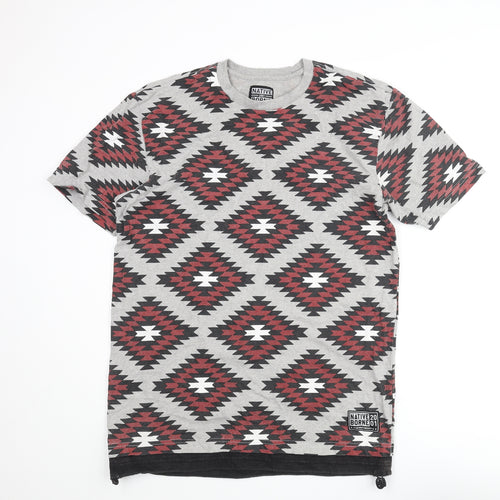 Native Borne Mens Multicoloured Geometric Cotton T-Shirt Size XL Crew Neck - Drawstring Hem
