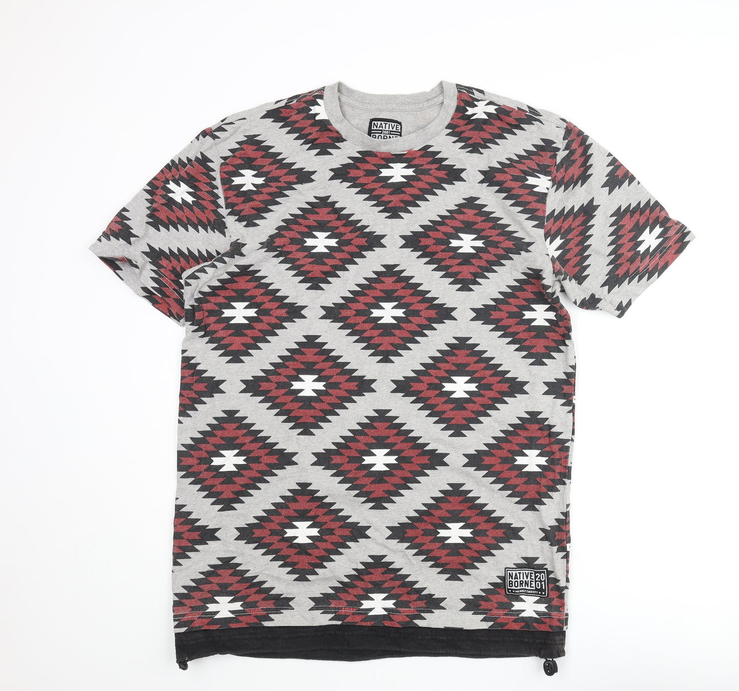 Native Borne Mens Multicoloured Geometric Cotton T-Shirt Size XL Crew Neck - Drawstring Hem