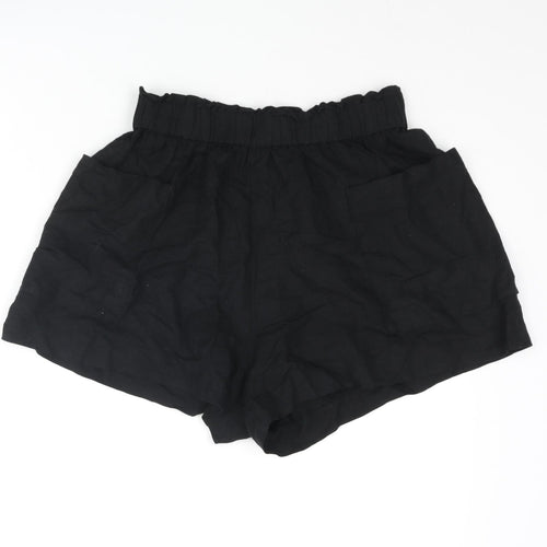 H&M Womens Black Linen Paperbag Shorts Size S Regular Pull On - Pockets