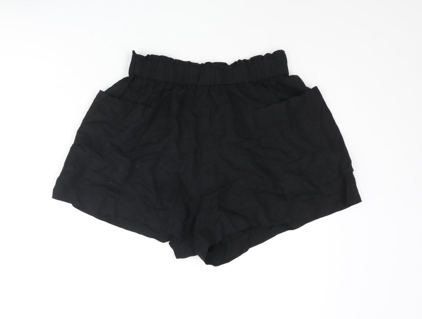 H&M Womens Black Linen Paperbag Shorts Size S Regular Pull On - Pockets