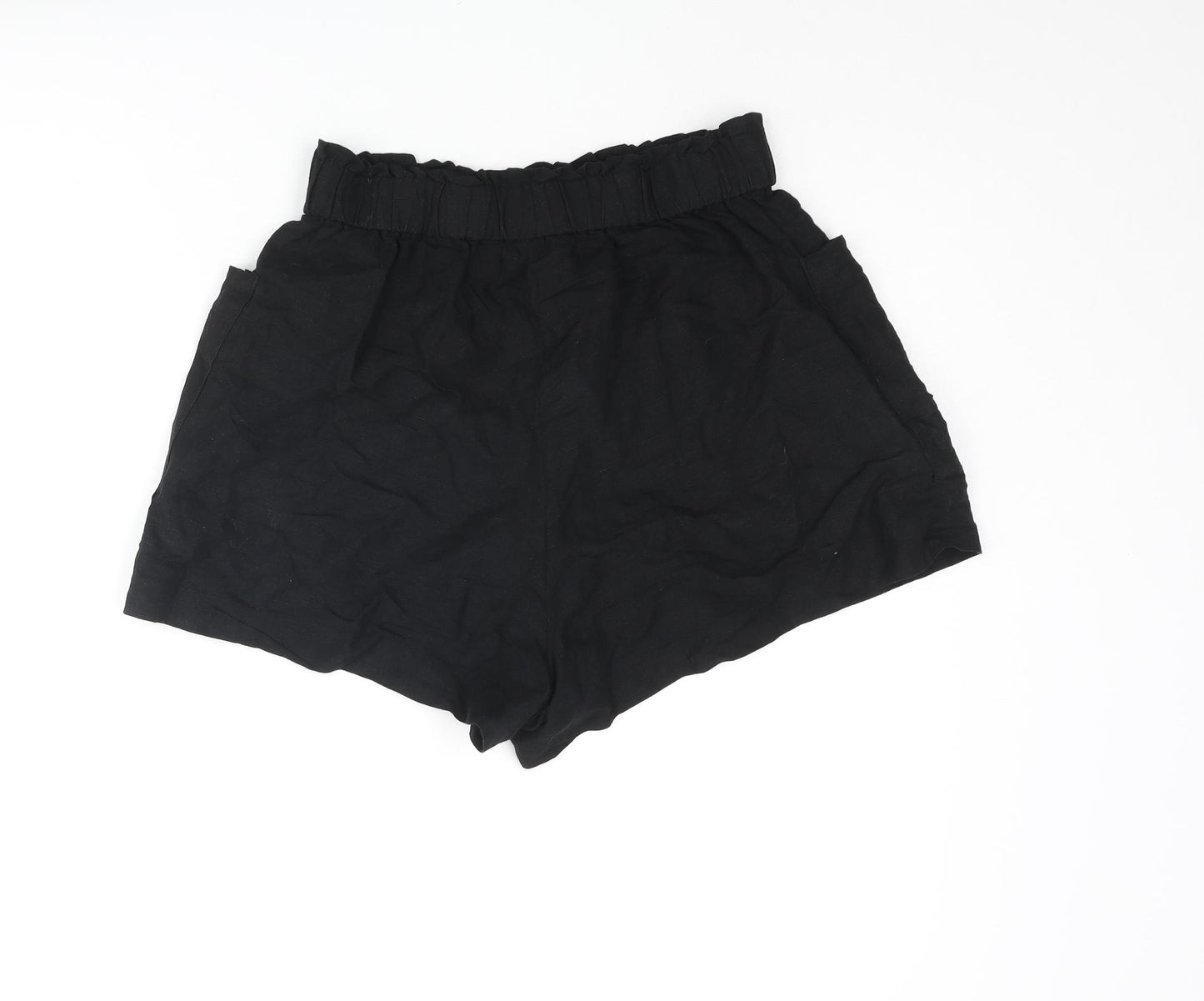 H&M Womens Black Linen Paperbag Shorts Size S Regular Pull On - Pockets