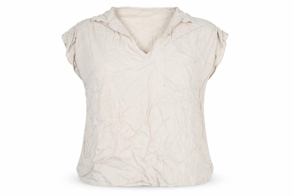 Front view of Per Una women’s beige cupro basic blouse, size UK 20, v-neck