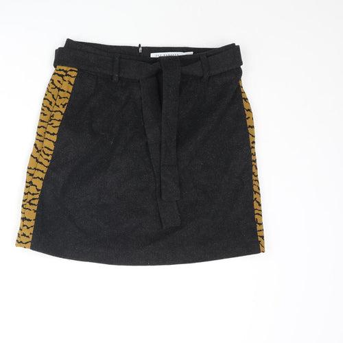 Zoe Karssen Womens Black Wool Mini Skirt Size M Zip - Belted Tiger Print Side Taping