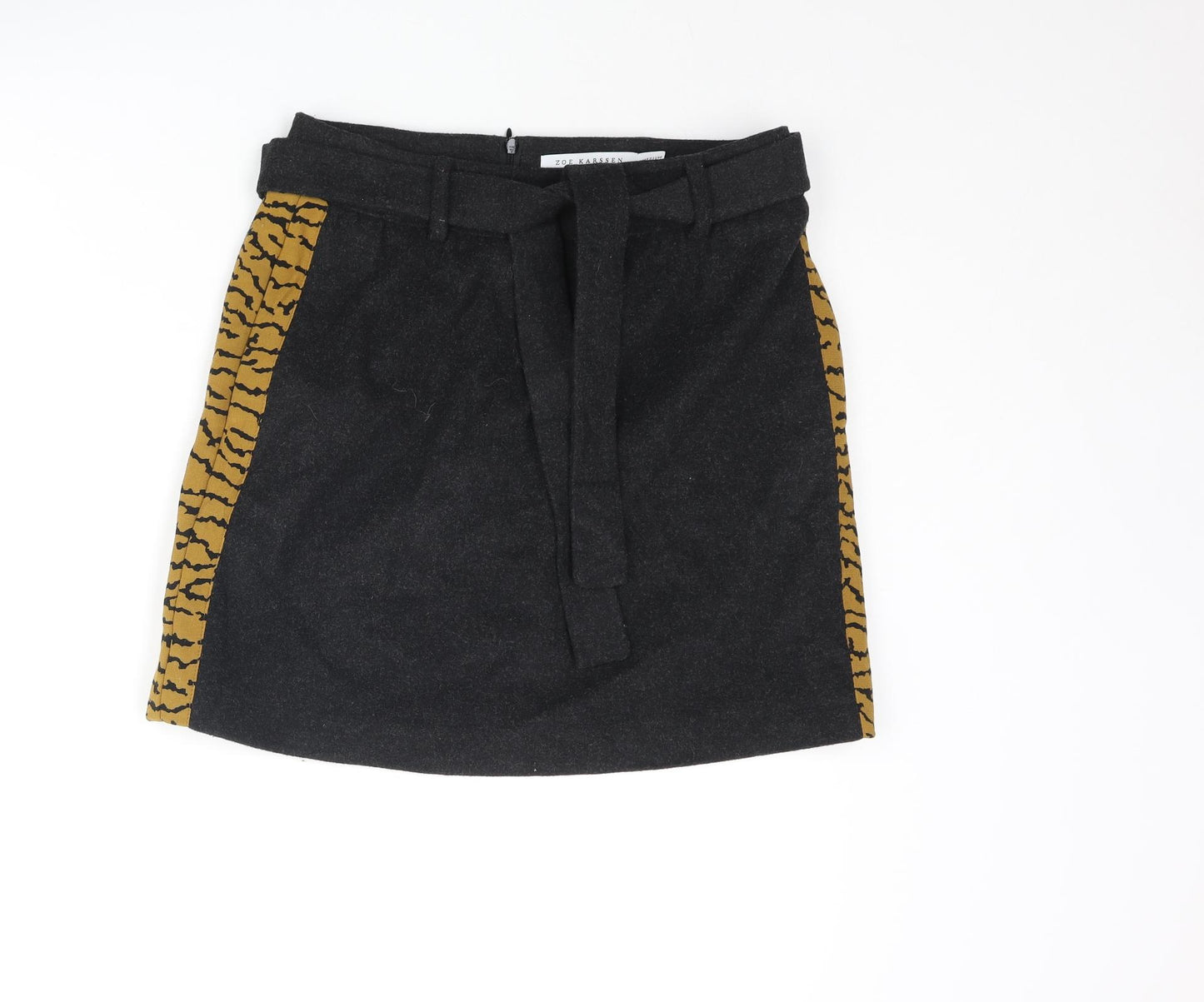 Zoe Karssen Womens Black Wool Mini Skirt Size M Zip - Belted Tiger Print Side Taping