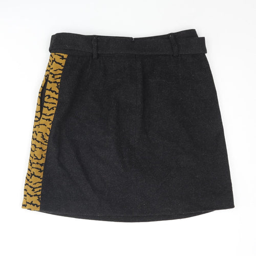 Zoe Karssen Womens Black Wool Mini Skirt Size M Zip - Belted Tiger Print Side Taping