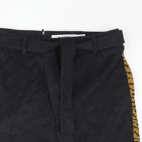 Zoe Karssen Womens Black Wool Mini Skirt Size M Zip - Belted Tiger Print Side Taping