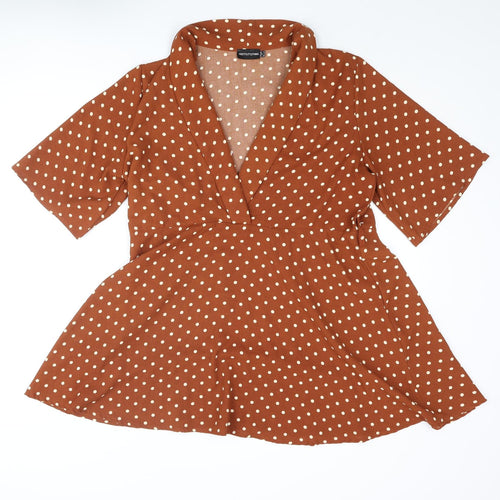 PRETTYLITTLETHING Womens Brown Polka Dot Polyester A-Line Size 10 V-Neck Pullover