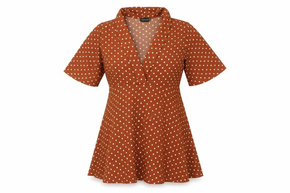 Front view of PRETTYLITTLETHING women’s brown polka dot polyester a-line, size UK 10, v-neck pullover