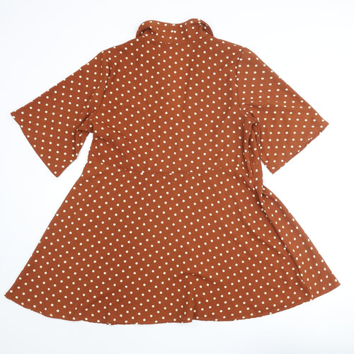 PRETTYLITTLETHING Womens Brown Polka Dot Polyester A-Line Size 10 V-Neck Pullover
