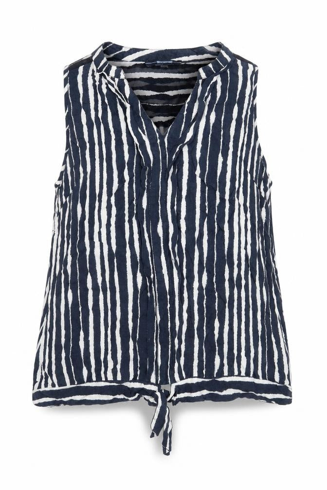 Front view of Next women’s blue striped viscose basic blouse, size UK 10, v-neck - knot detail