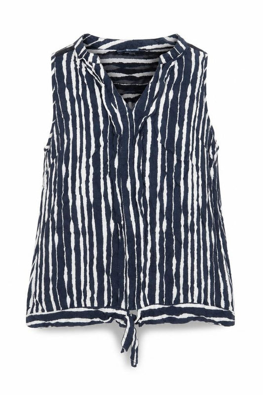 Front view of Next women’s blue striped viscose basic blouse, size UK 10, v-neck - knot detail