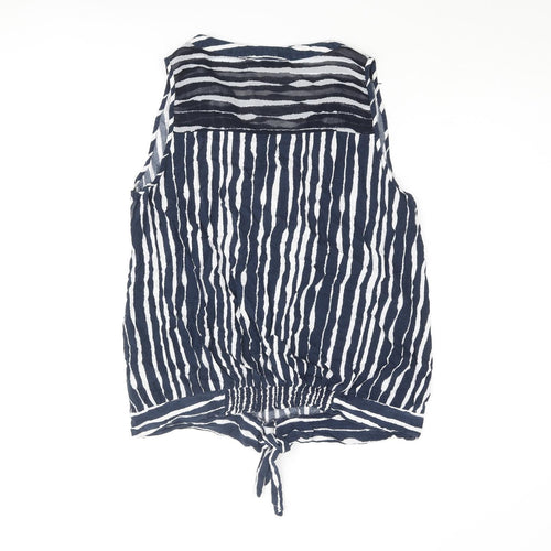 NEXT Womens Blue Striped Viscose Basic Blouse Size 10 V-Neck - Knot Detail
