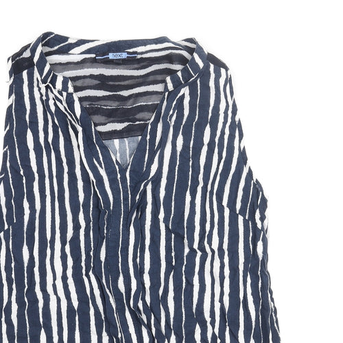 NEXT Womens Blue Striped Viscose Basic Blouse Size 10 V-Neck - Knot Detail