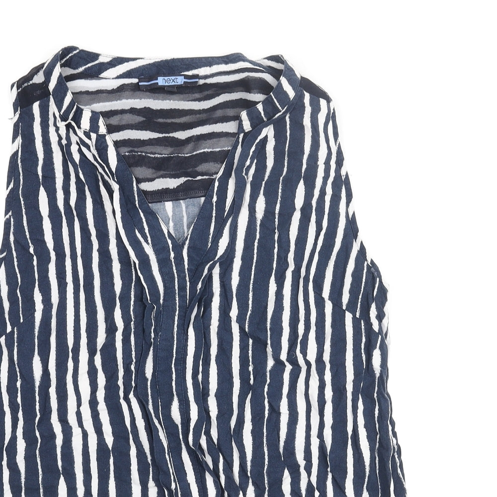 NEXT Womens Blue Striped Viscose Basic Blouse Size 10 V-Neck - Knot Detail