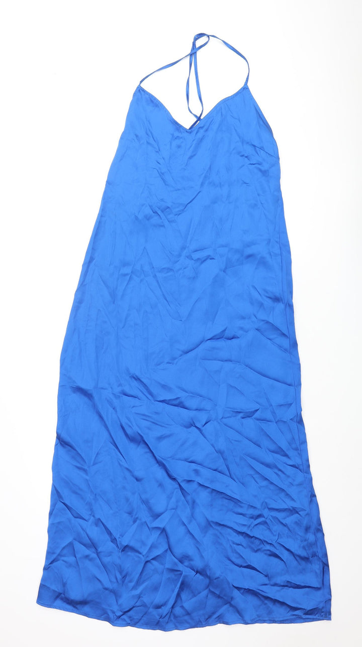 Stradivarius Womens Blue Polyester Slip Dress Size L V-Neck Pullover