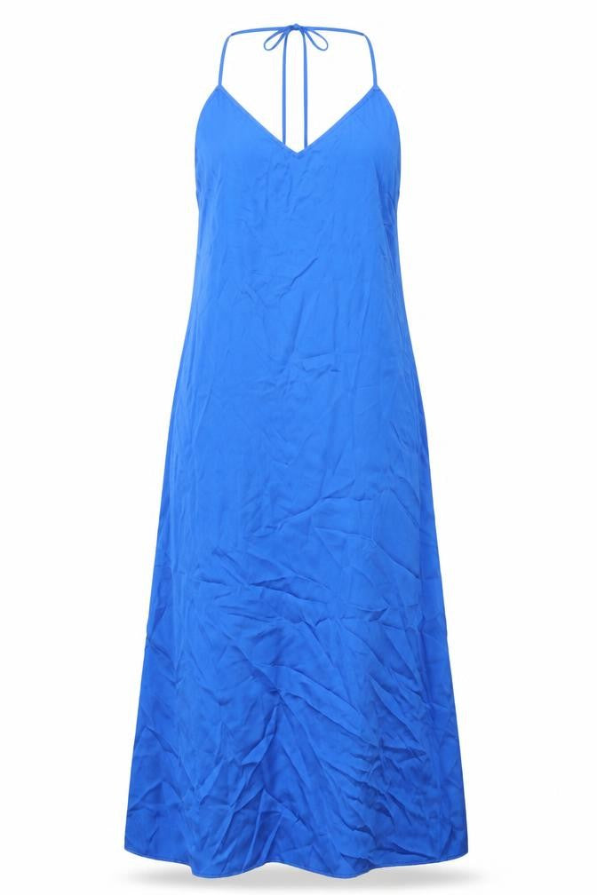 Front view of Stradivarius women’s blue polyester slip dress, size L, v-neck pullover