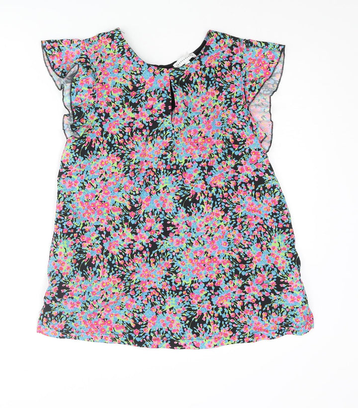 Warehouse Womens Multicoloured Polyester Basic Blouse Size 12 Round Neck - Frill Sleeve Floral Front