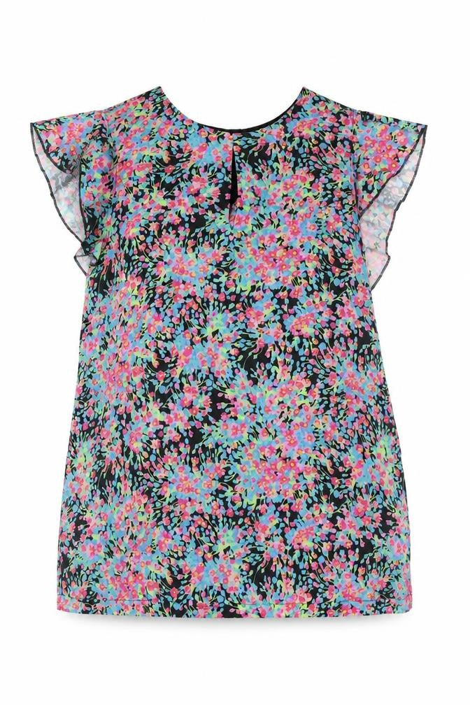 Front view of Warehouse women’s multicoloured polyester basic blouse, size UK 12, round neck - frill sleeve floral front