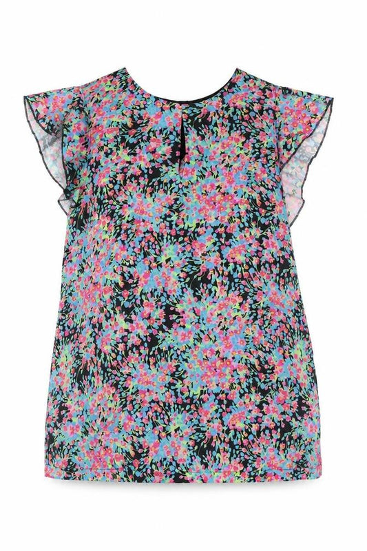 Front view of Warehouse women’s multicoloured polyester basic blouse, size UK 12, round neck - frill sleeve floral front