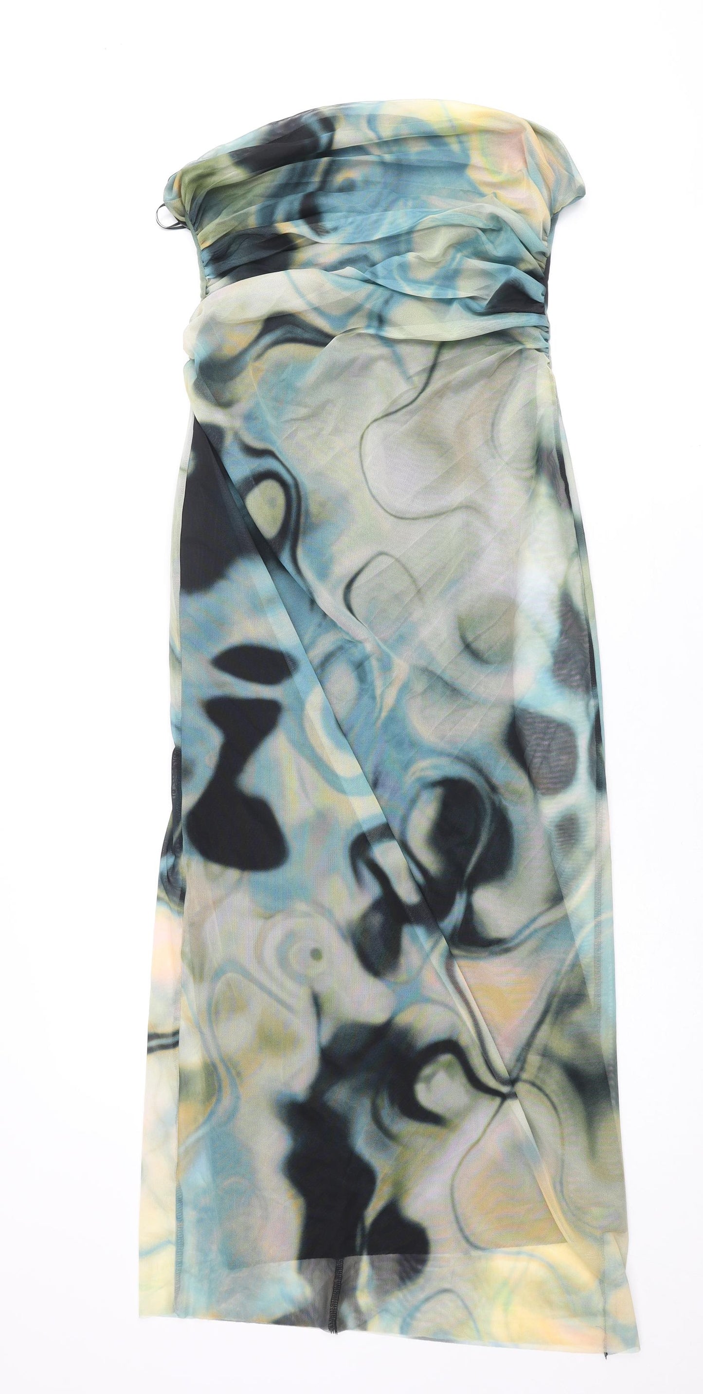 Zara Womens Multicoloured Geometric Polyester Pencil Dress Size L Square Neck Pullover - Bandeau Rouched